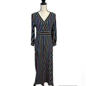 Calvin Klein Black Knit Multicolored Striped V-Neck Maxi Dress Size 8